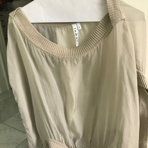 L.A.M.B. Medium SILK blouse shirt tan / gold / green - Picture 3 of 4